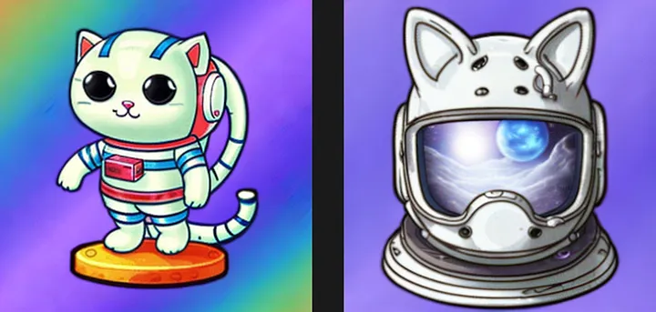 On the left, Troas the Astronaut Cat. On the right, the Heltroas helmet of Troas card results