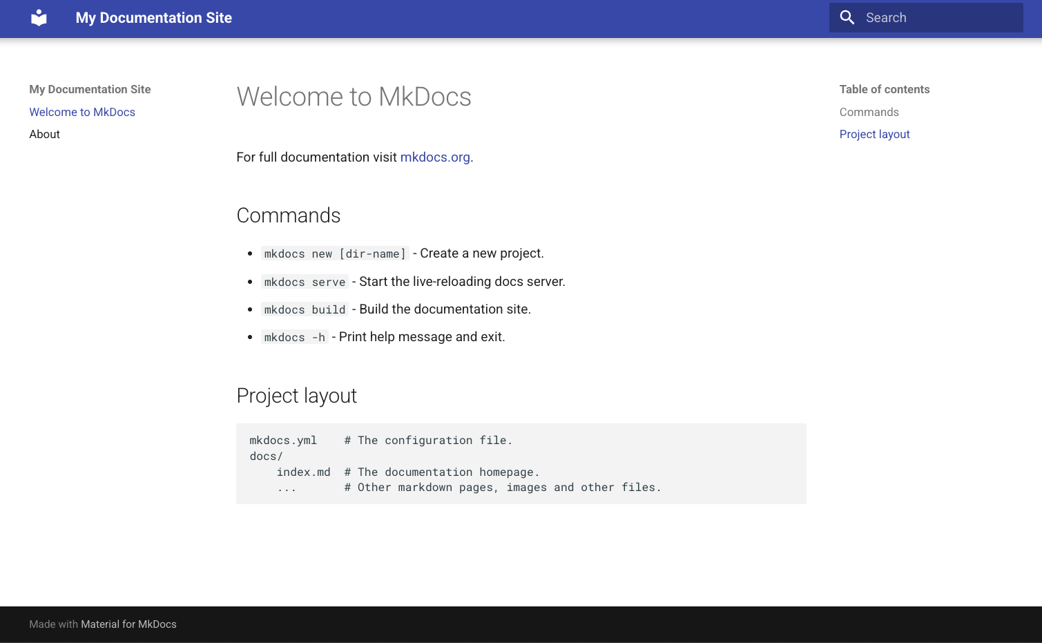 A lot is already added! including a search bar Mkdocs Basic Site